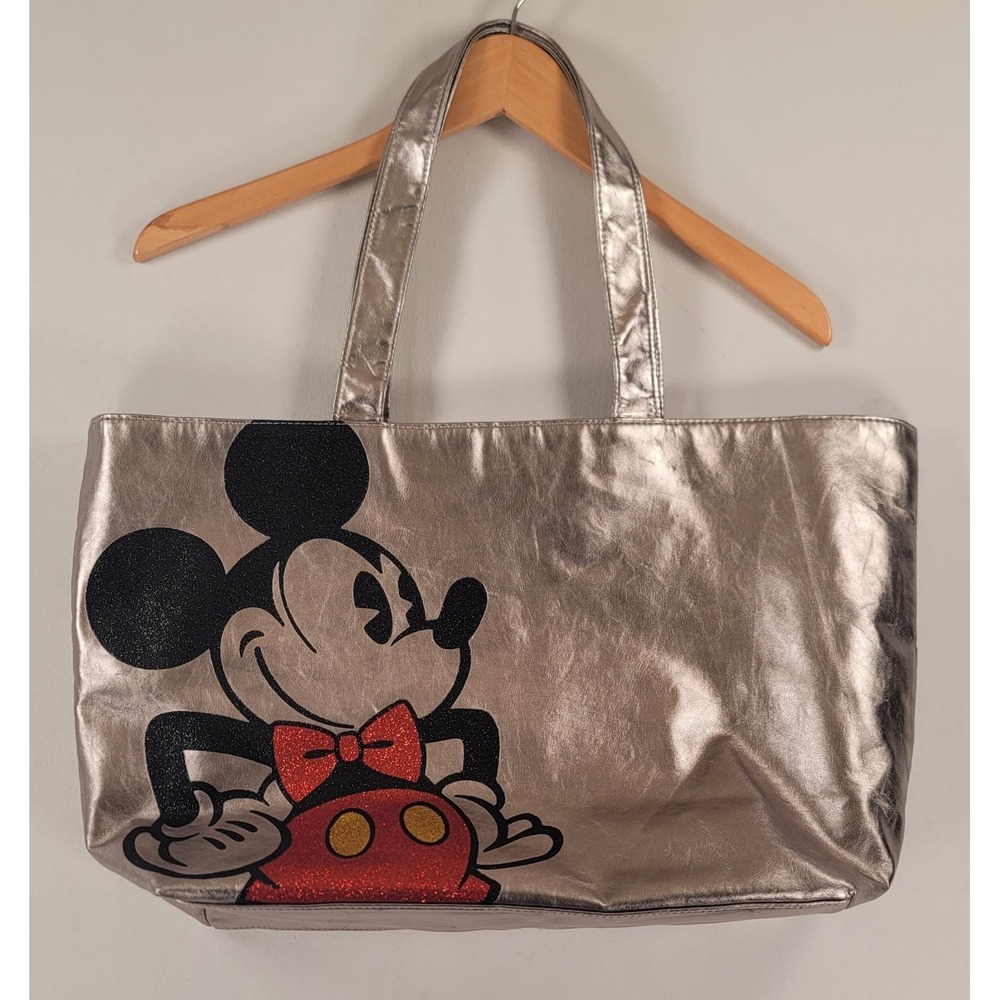 Disney Mickey Mouse Metallic Silver Tote Bag Large Shopper‎ Glitter Graphic
